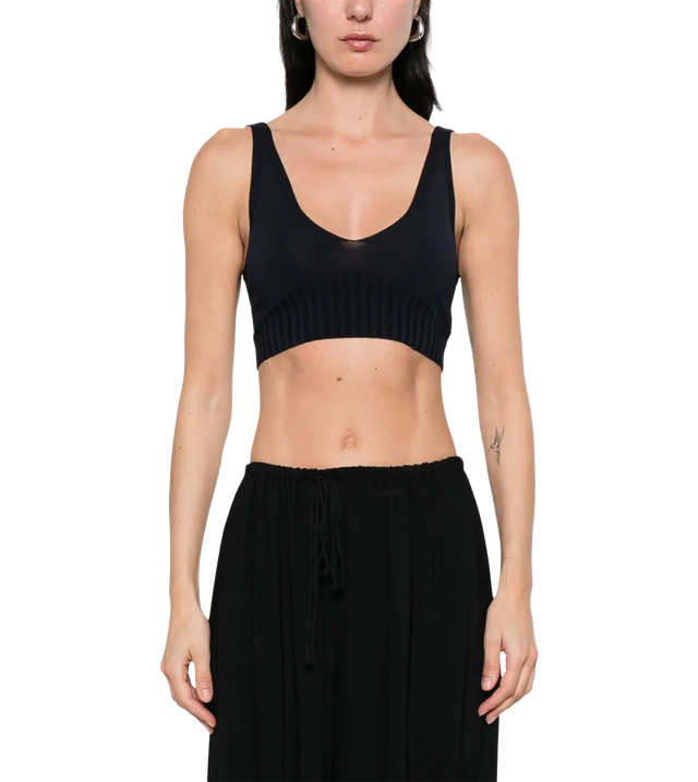 Blaues V-Neck Oberteil mit geripptem Saum