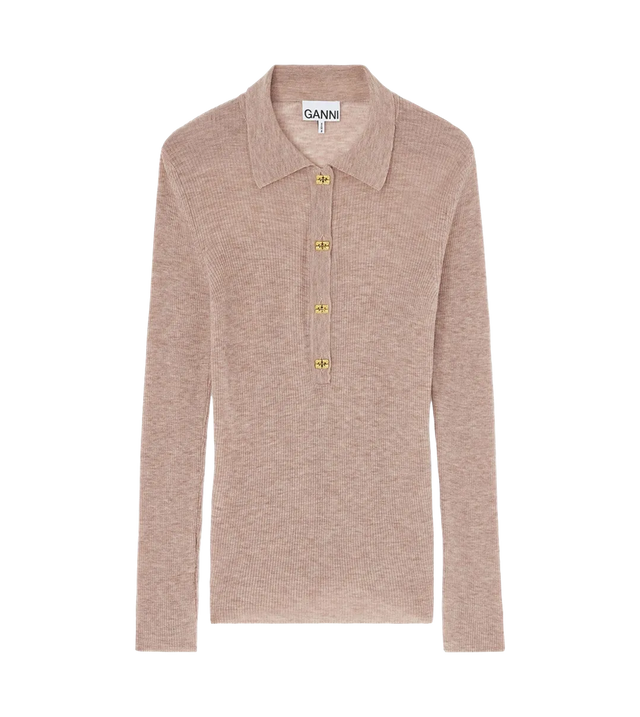 Gerippter Strick-Poloshirt mit langen Ärmeln