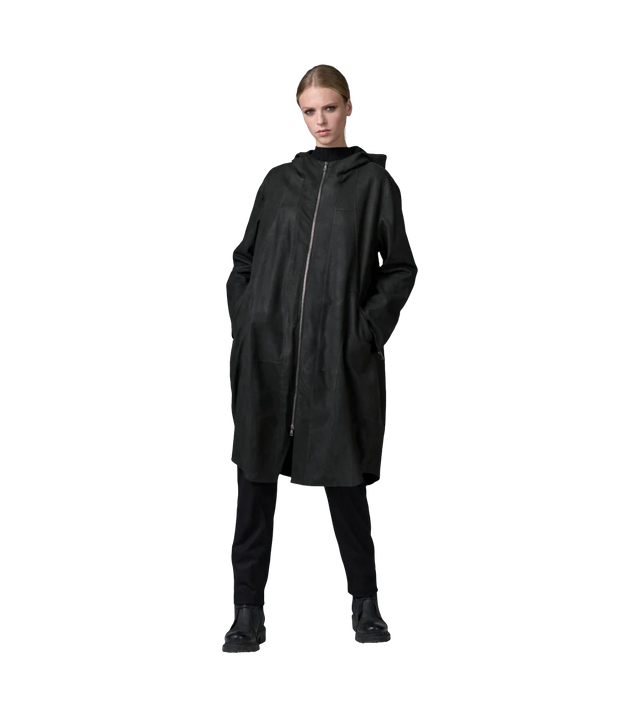 Oversized parka mit Kapuze aus Velours-Nappaleder mit Futter aus Wollgewebe
