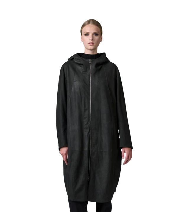 Oversized parka mit Kapuze aus Velours-Nappaleder mit Futter aus Wollgewebe