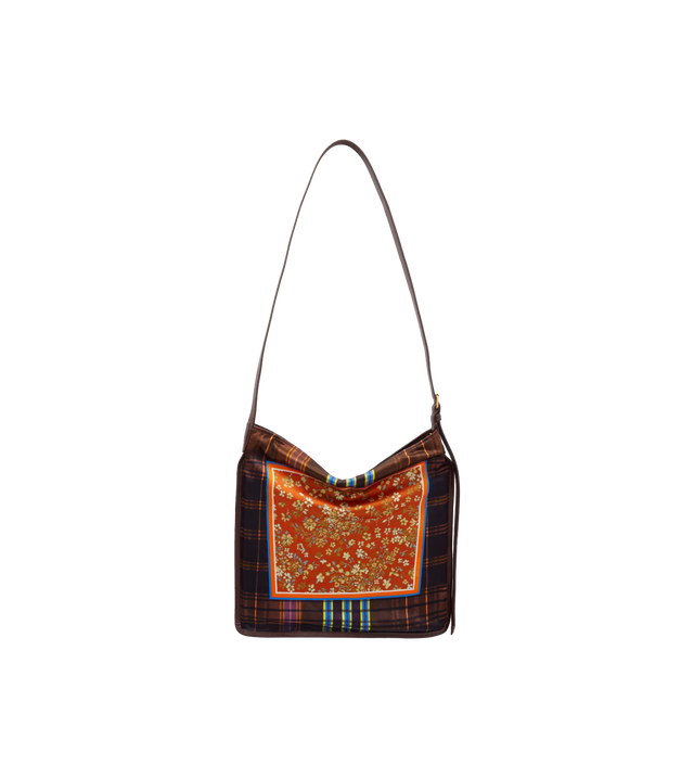 Printed leather-trimmed satin shoulder bag