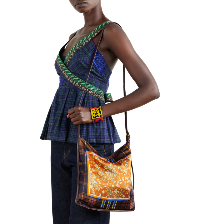 Printed leather-trimmed satin shoulder bag