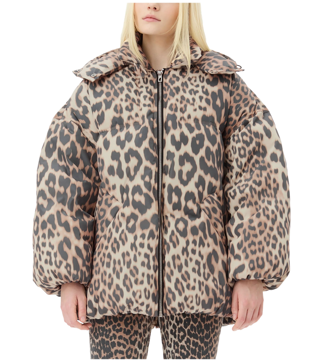 Gesteppte Kapuzenjacke mit Leoparden-Print