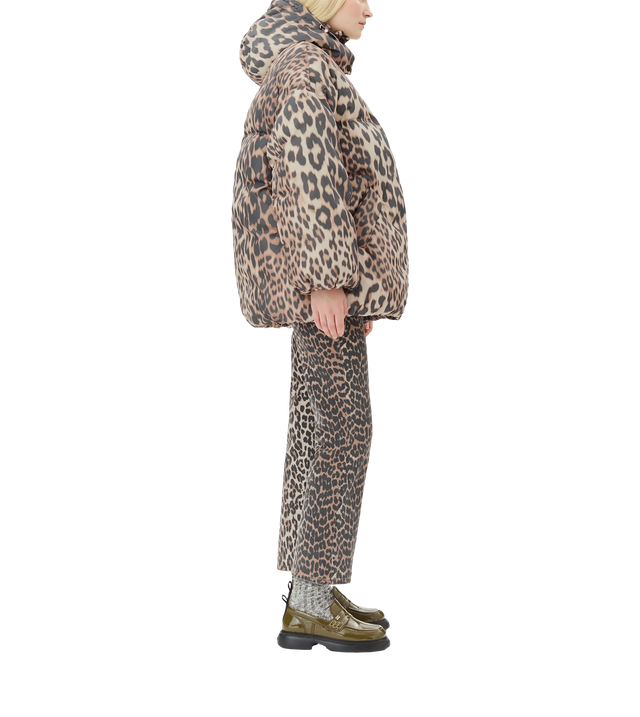 Gesteppte Kapuzenjacke mit Leoparden-Print