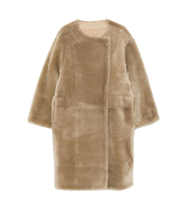 Collarless shearling coat