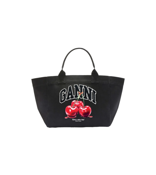 Schwarze XXL-Tragetasche mit Kirschenmotiv