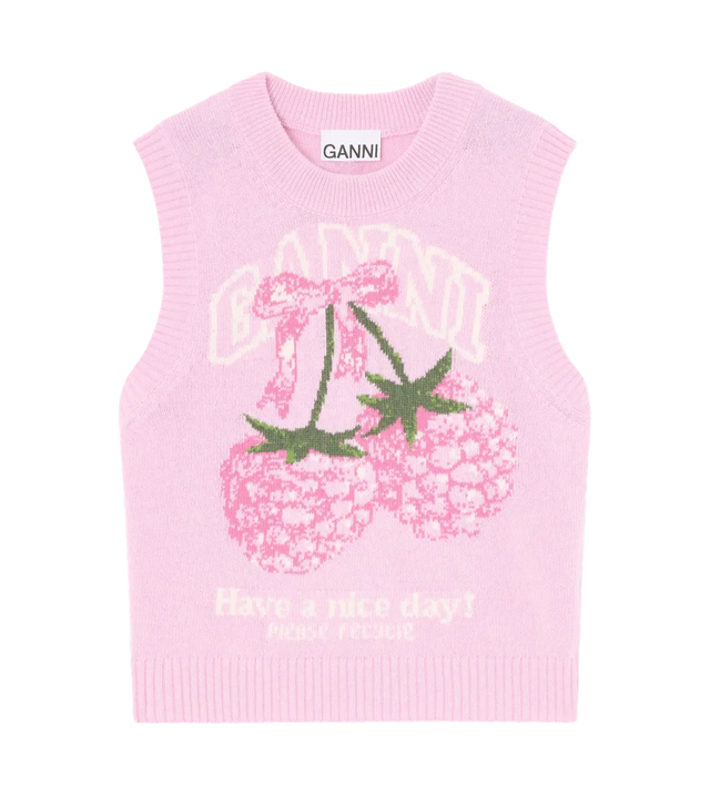 Wollweste mit Himbeermuster und Jacquard-Logo