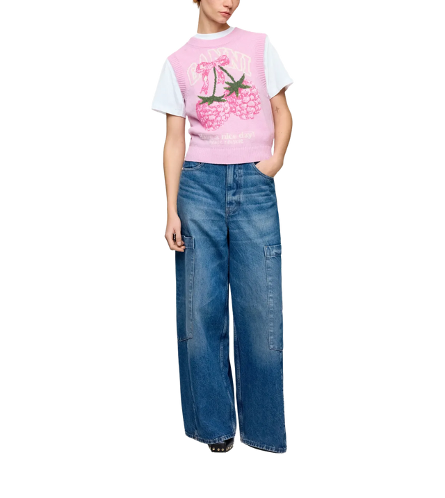 Wollweste mit Himbeermuster und Jacquard-Logo