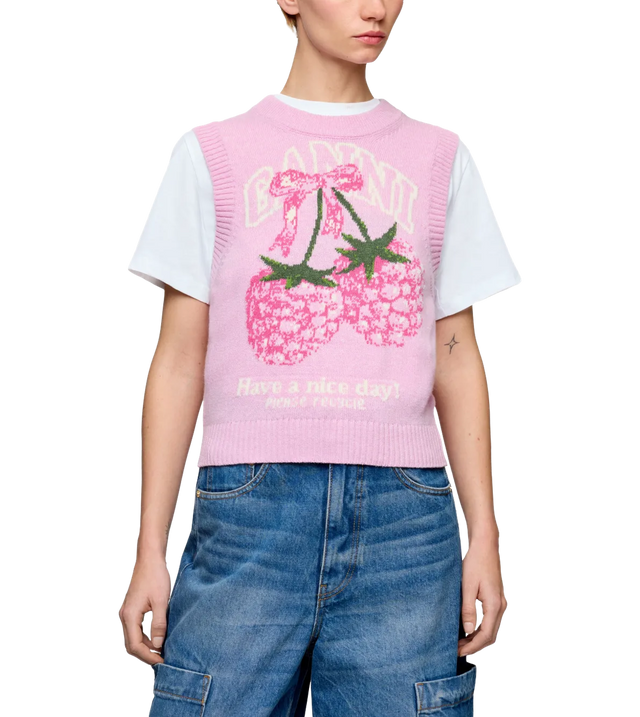 Wollweste mit Himbeermuster und Jacquard-Logo