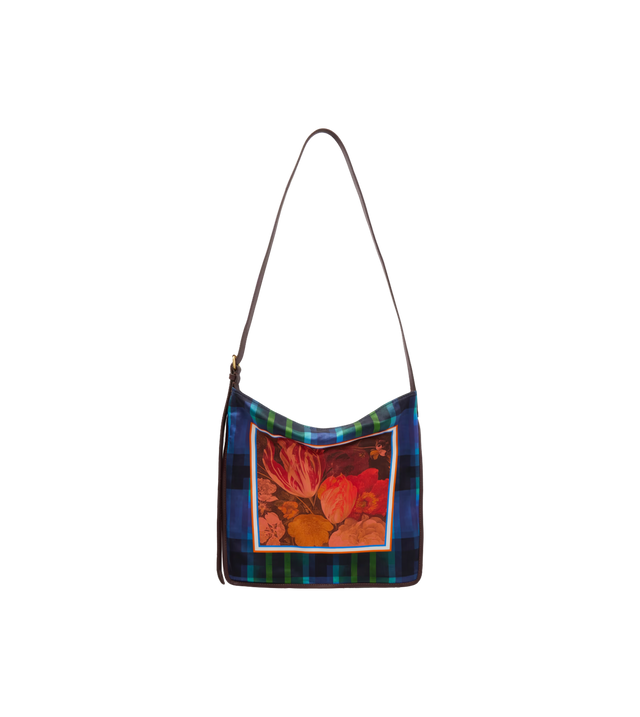 Printed leather-trimmed satin shoulder bag