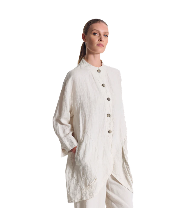 Lang geschnittene Leinenjacke mit Stehkragen